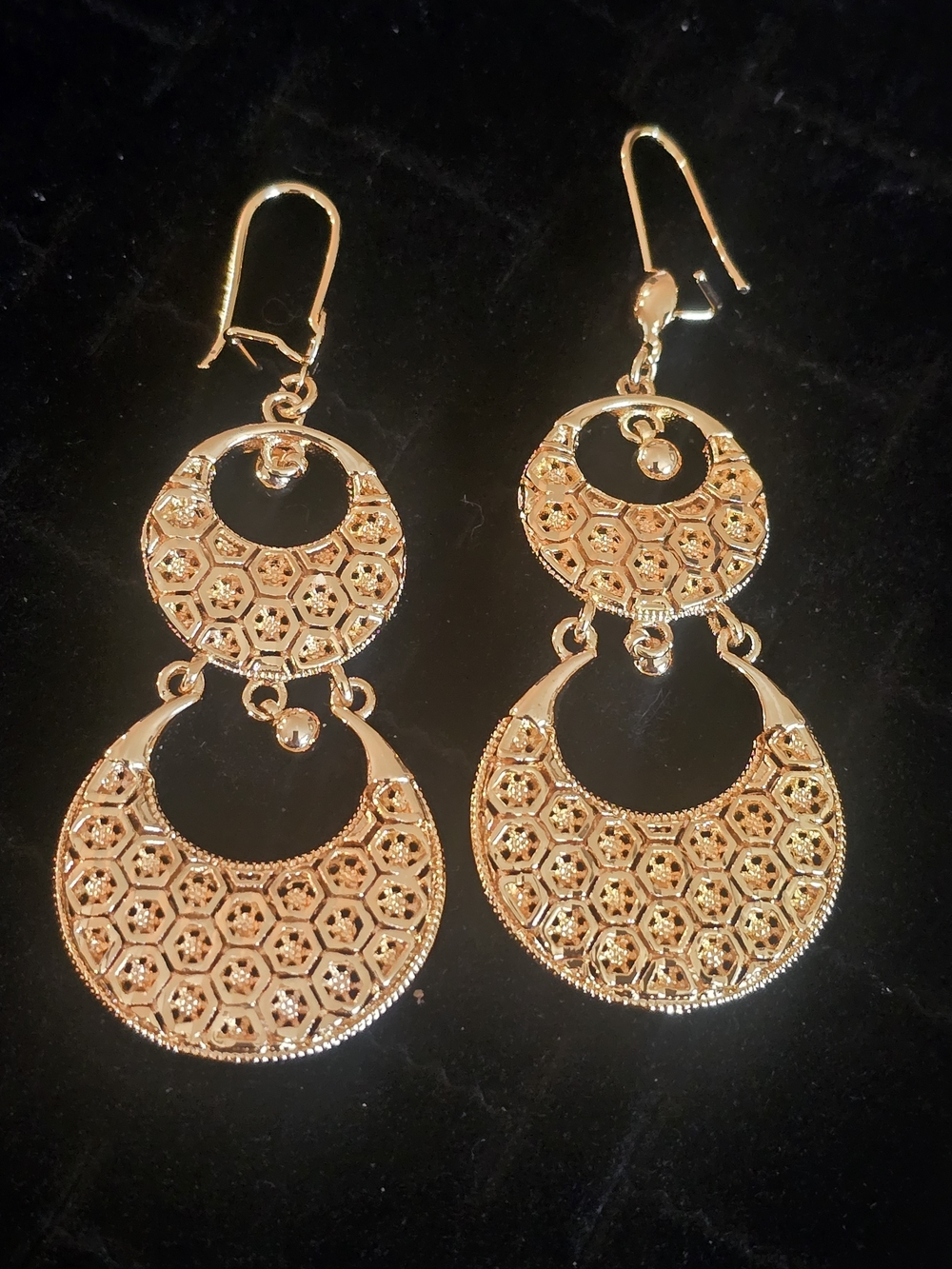 22kgp Gold Filigree Double Hoop Drop Earrings - Women Jewelry